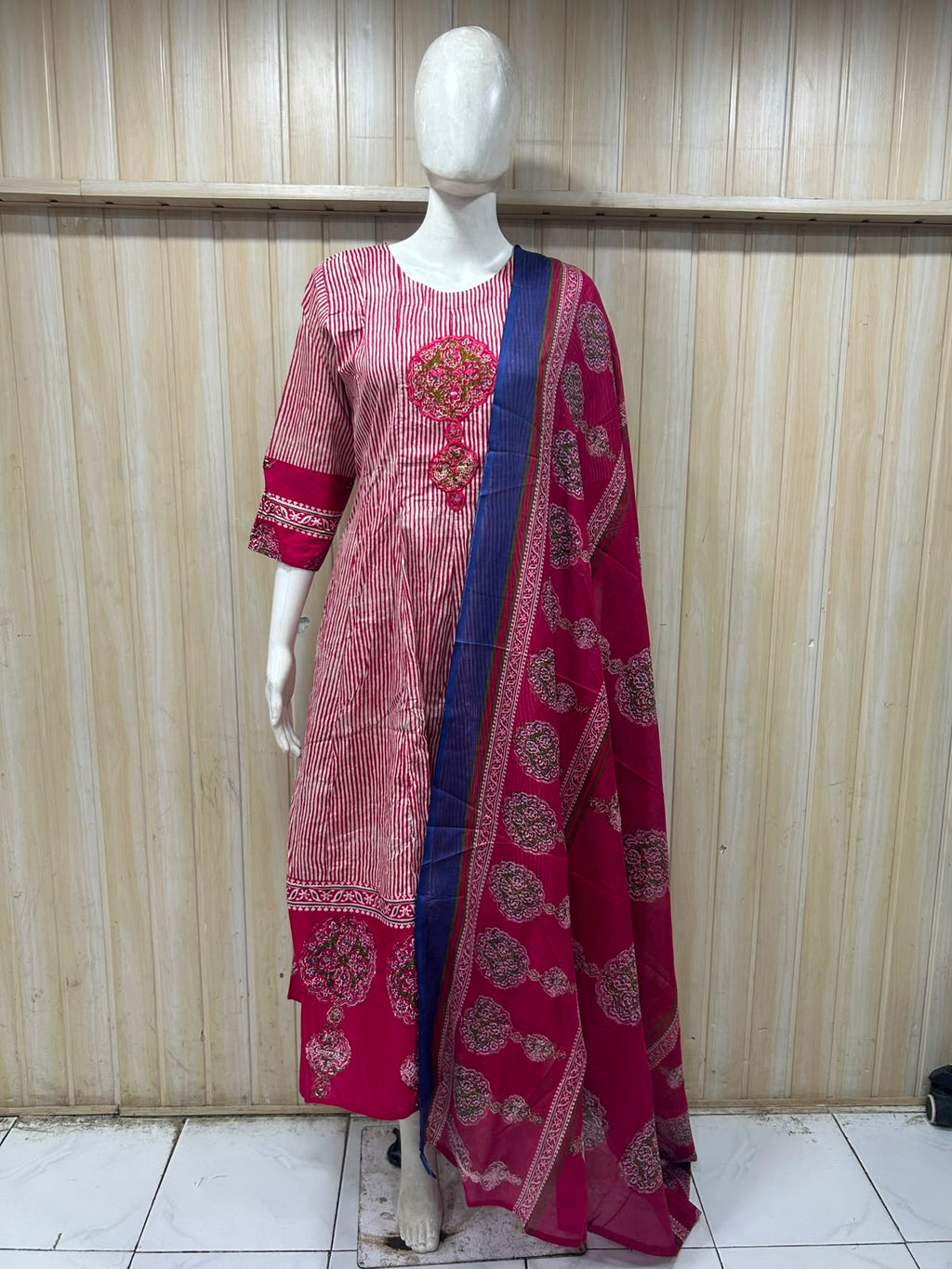 Pink Mull Cotton A-Line Kurti 3-Piece Set with Pant & Dupatta
