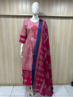 Pink Mull Cotton A-Line Kurti 3-Piece Set with Pant & Dupatta