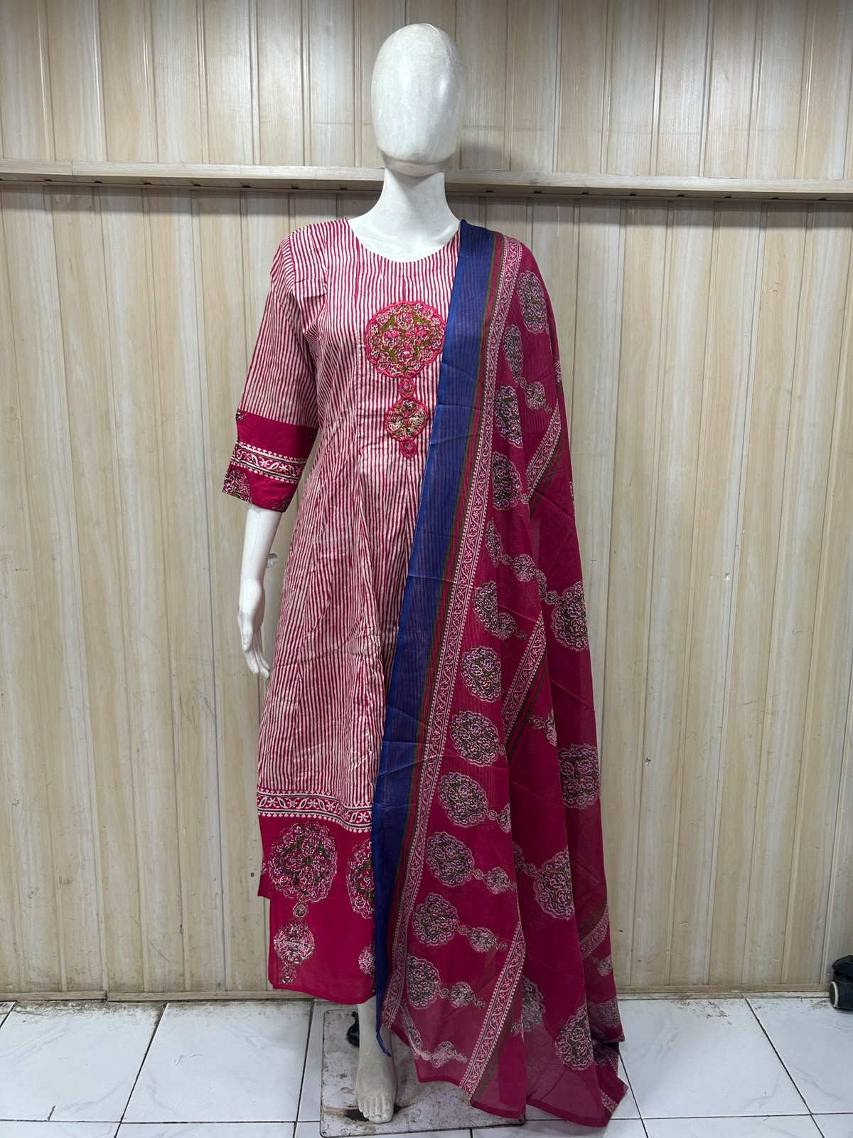 Pink Mull Cotton A-Line Kurti 3-Piece Set with Pant & Dupatta