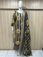 Navy Blue Mull Cotton Straight Kurti 3-Piece Set with Pant & Dupatta
