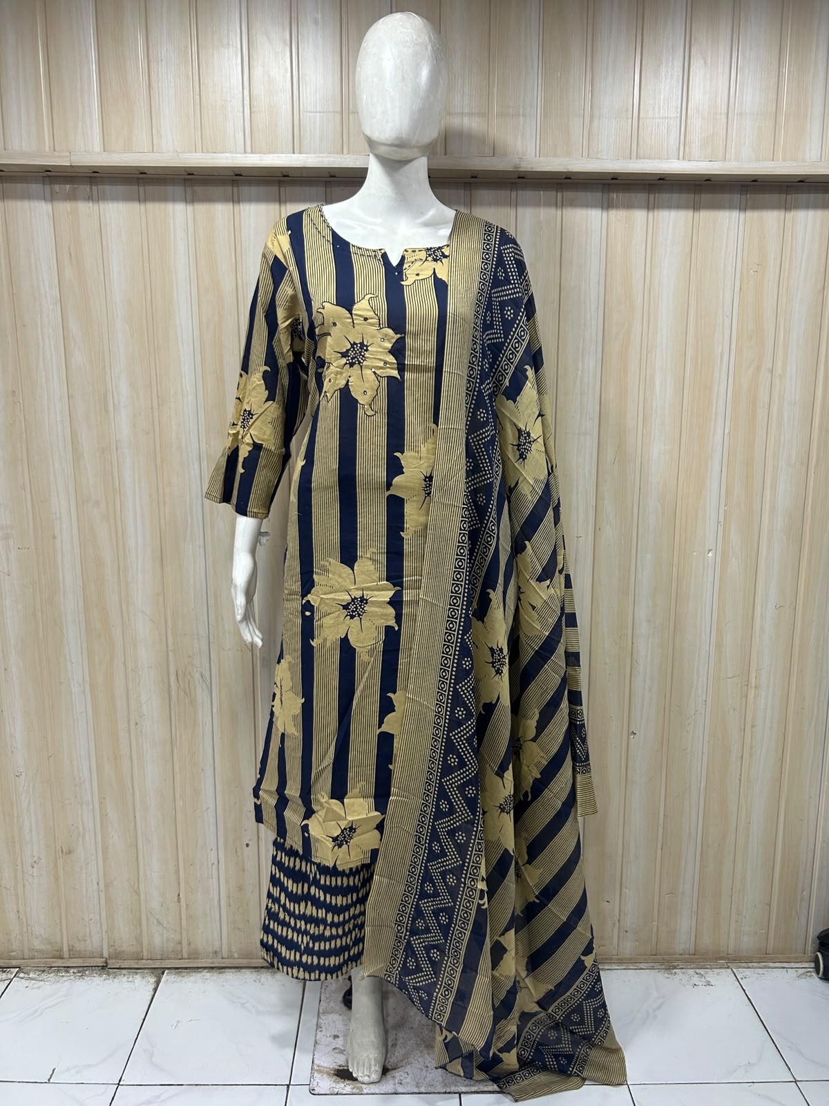 Navy Blue Mull Cotton Straight Kurti 3-Piece Set with Pant & Dupatta