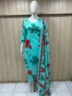 Turquoise Mull Cotton Straight Cut Kurti 3-Piece Set with Pant & Dupatta