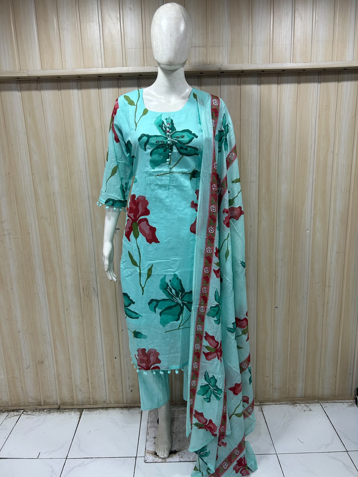 Turquoise Mull Cotton Straight Cut Kurti 3-Piece Set with Pant & Dupatta