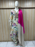 Ivory Mull Cotton Straight-Cut Kurti 3-Piece Set with Pant & Dupatta