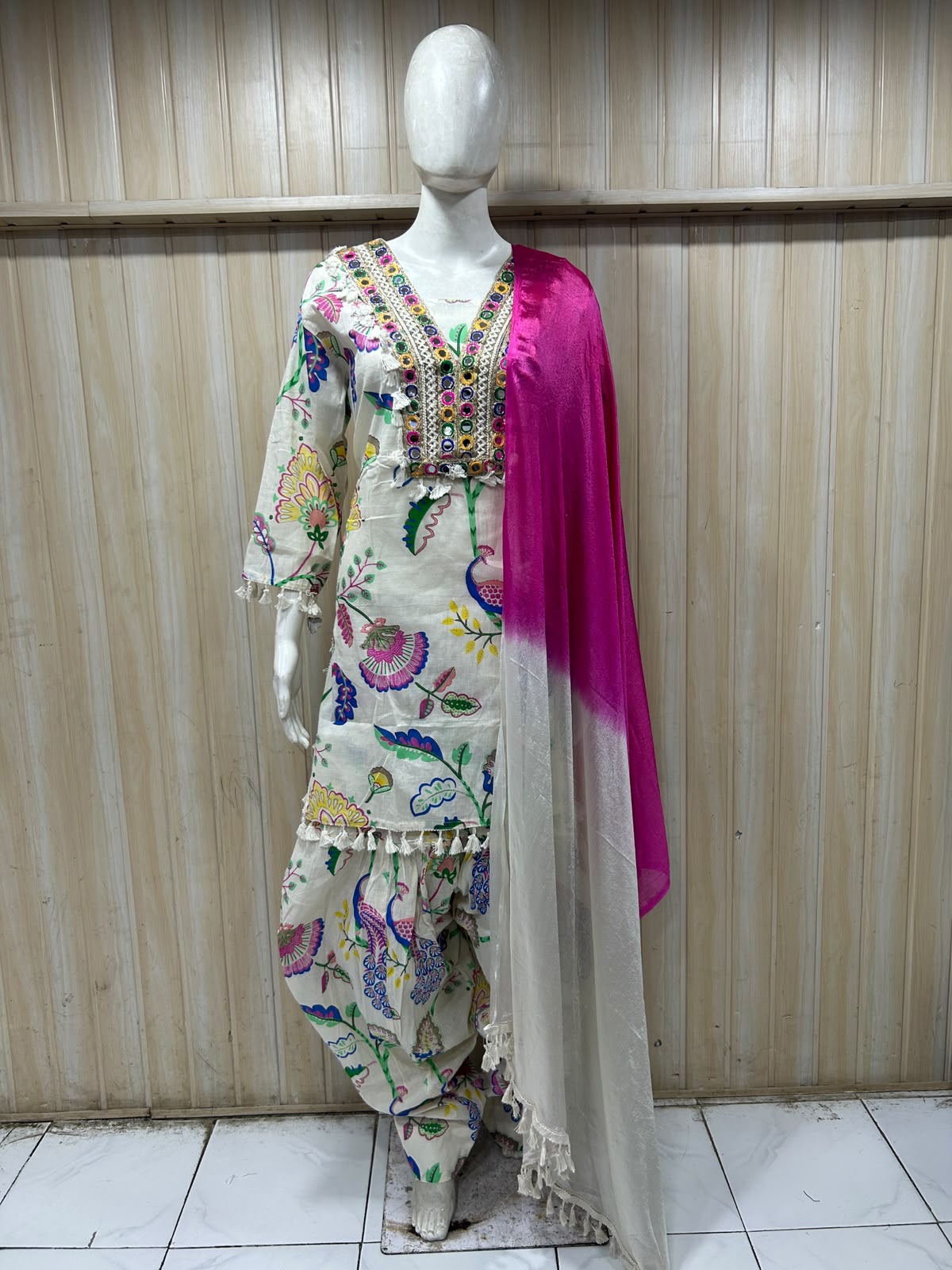 Ivory Mull Cotton Straight-Cut Kurti 3-Piece Set with Pant & Dupatta