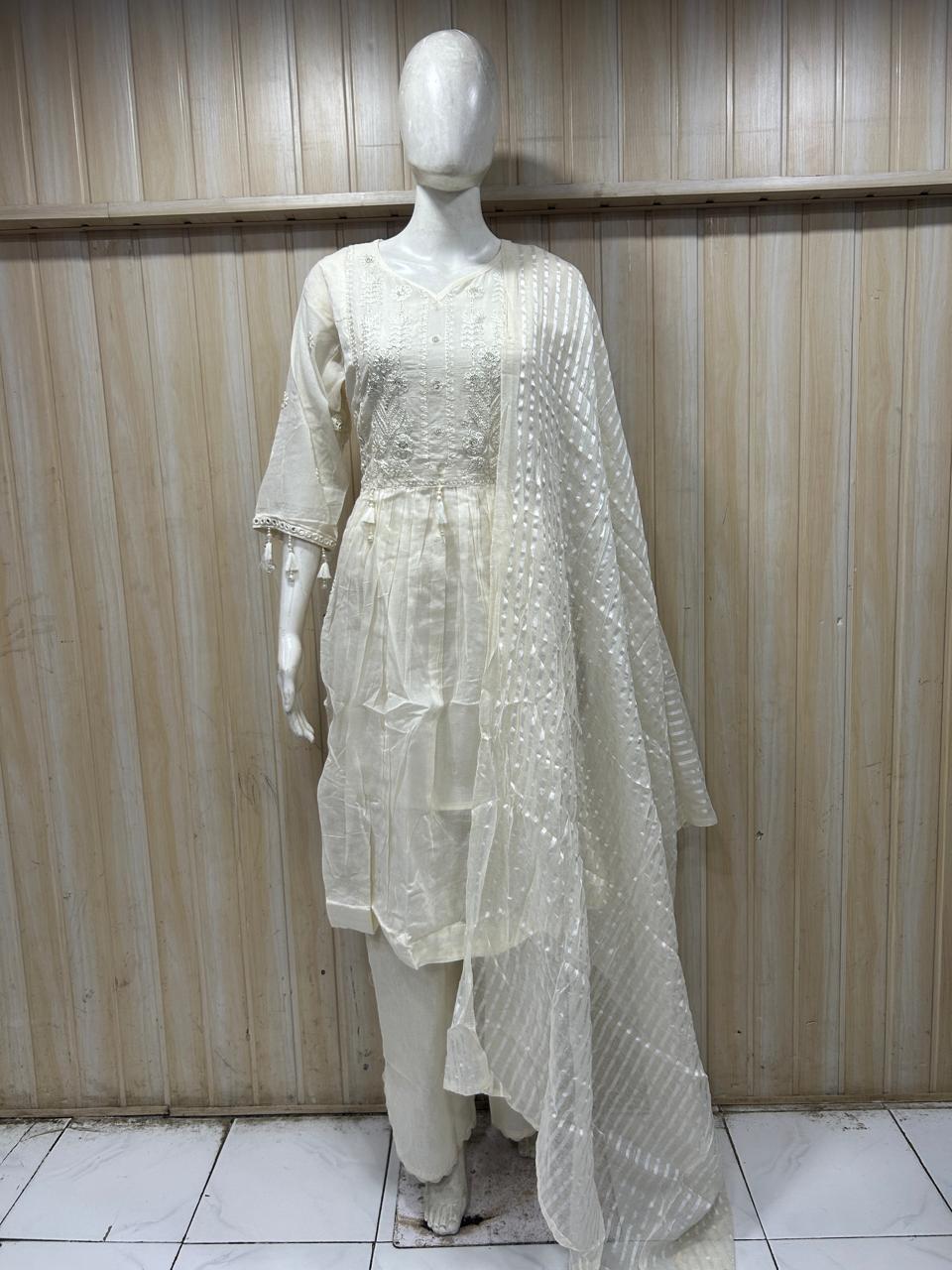 Ivory Cotton Mull 2-Piece Designer Set with Hand Work Embroidery
