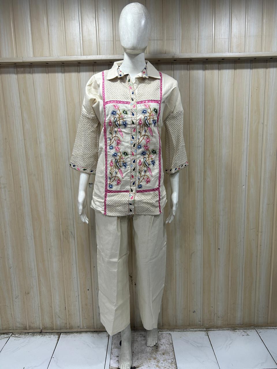 Ivory Mull Cotton Embroidered 2-Piece Co-ord Set