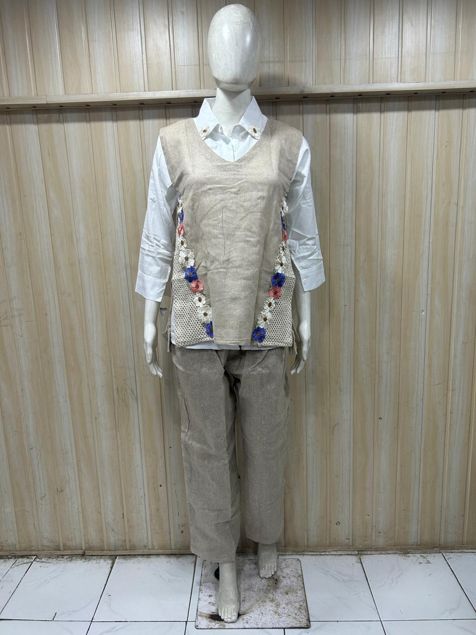 Mull Cotton Beige 2-Piece Co-Ord Set with Hand Work Embroidery
