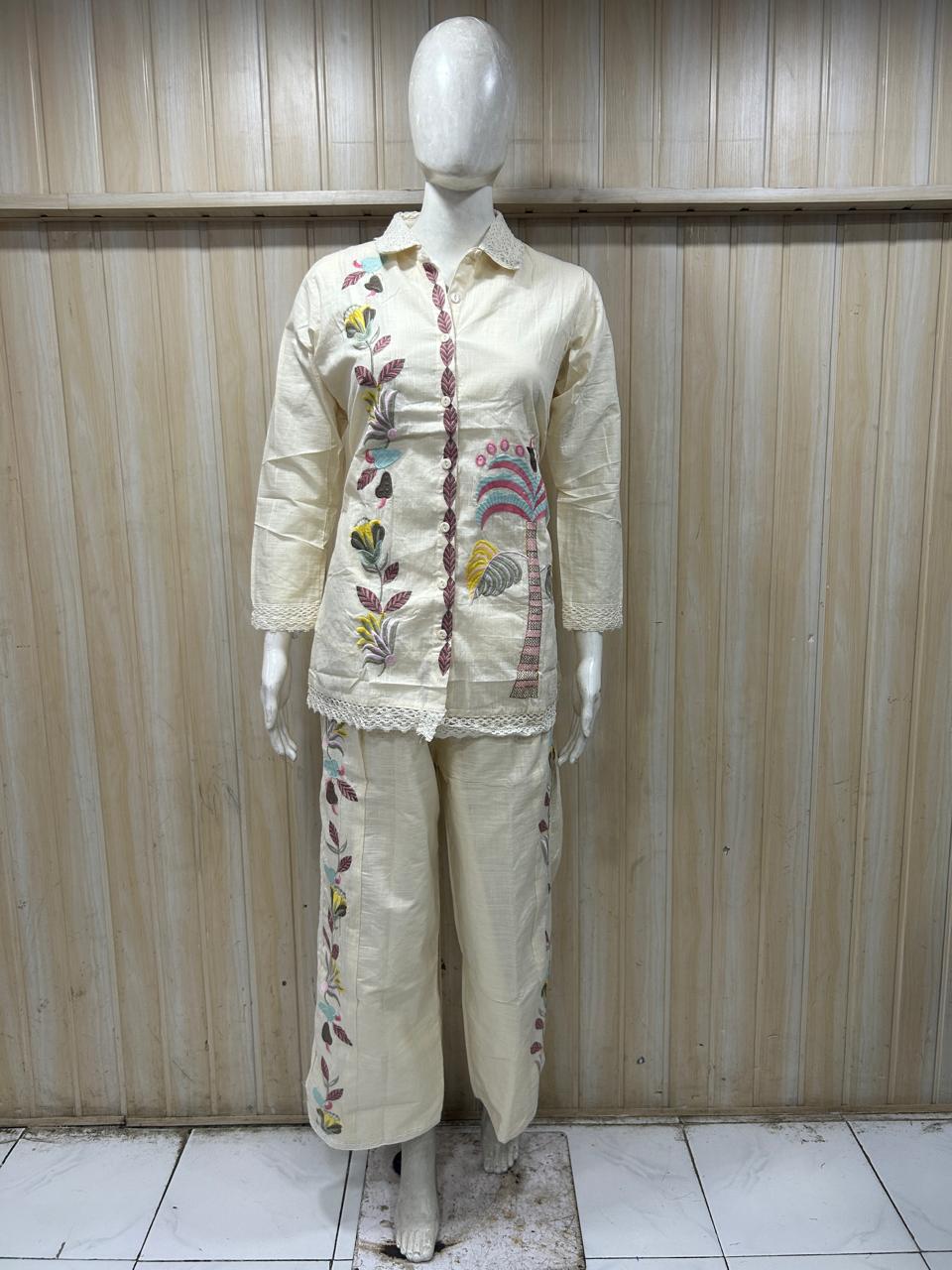 Ivory Mull Cotton Embroidered 2-Piece Co-Ord Set