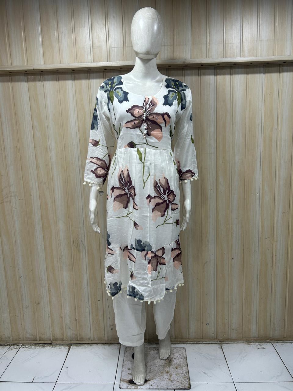 Ivory Mull Cotton Floral Embroidered 2-Piece Co-Ord Set