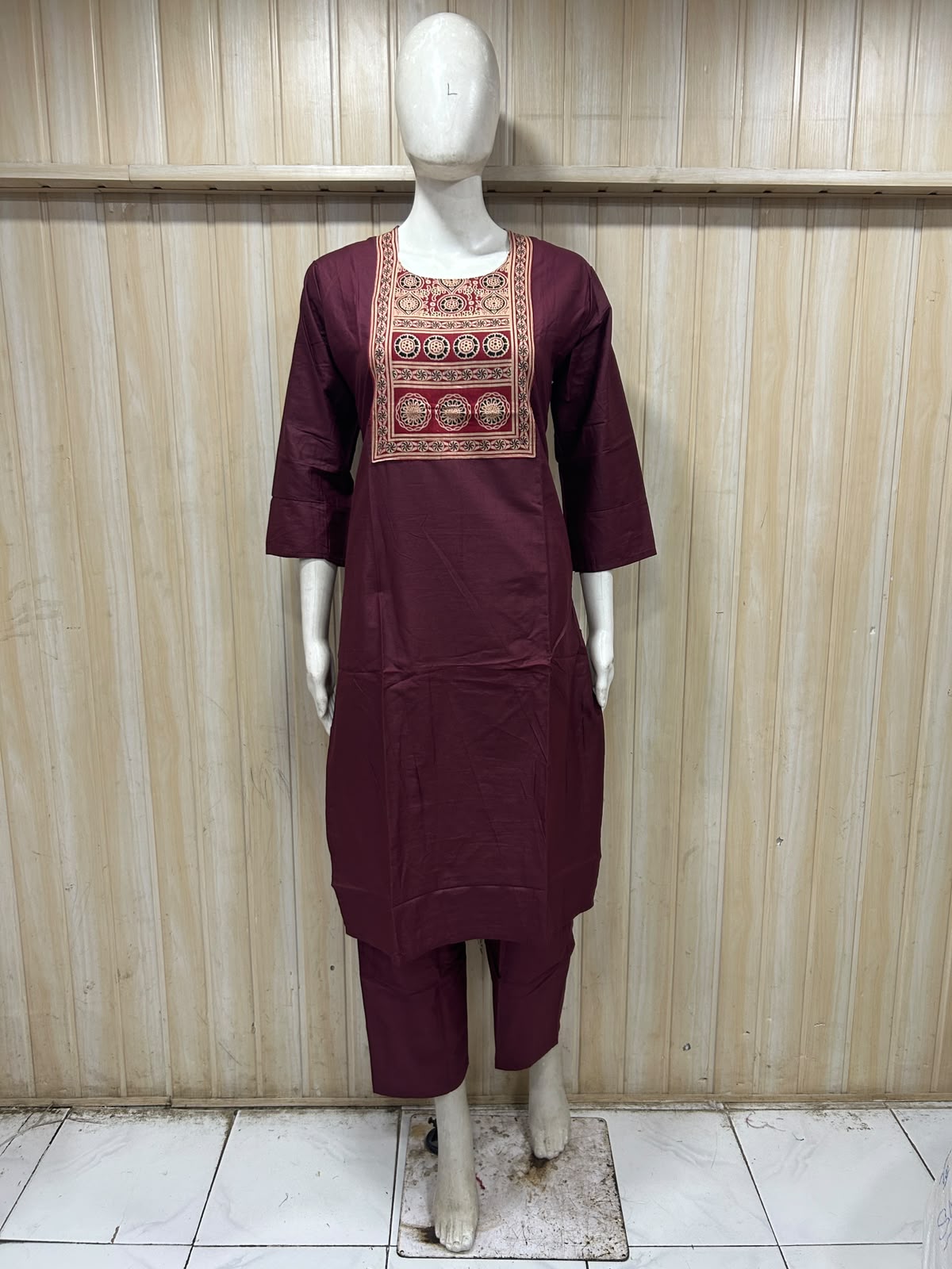 Wine Dabu Cotton 2-Piece Co-Ord Set with Printed Front Panel