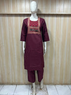 Wine Dabu Cotton 2-Piece Co-Ord Set with Traditional Printed Panel