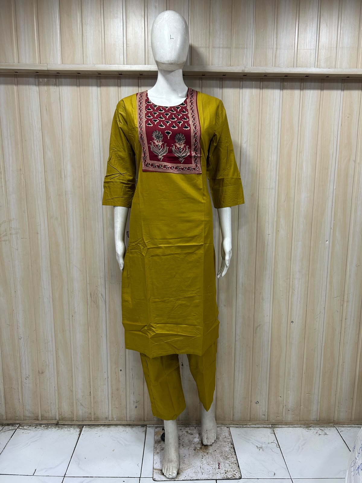 Mustard Olive Dabu Cotton 2-Piece Co-Ord Set with Printed Front Panel