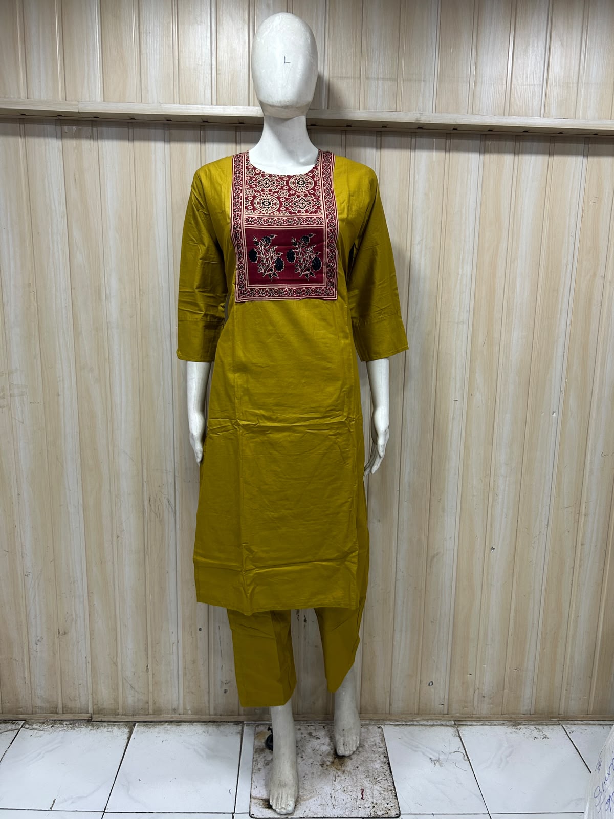Mustard Yellow Dabu Cotton 2-Piece Co-Ord Set with Printed Yoke