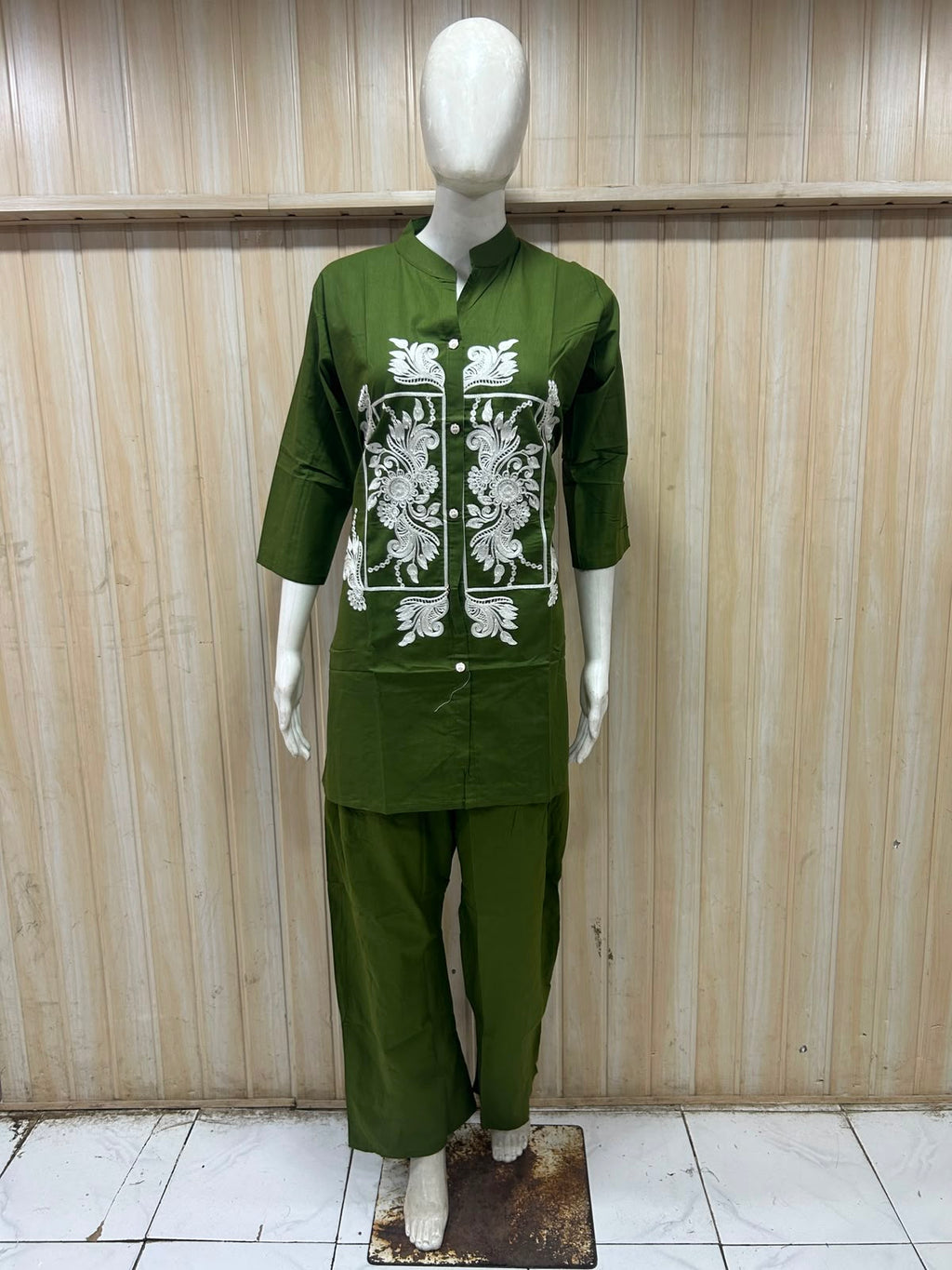 Olive Green Dabu Cotton 2-Piece Co-Ord Set with Hand Work