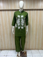 Olive Green Dabu Cotton 2-Piece Co-Ord Set with Hand Work