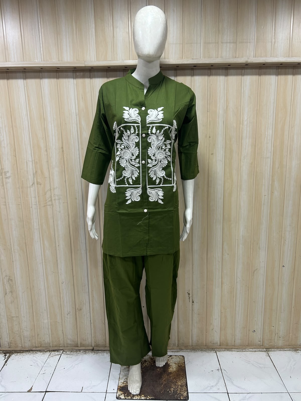 Olive Green Dabu Cotton 2-Piece Co-Ord Set with Hand Work