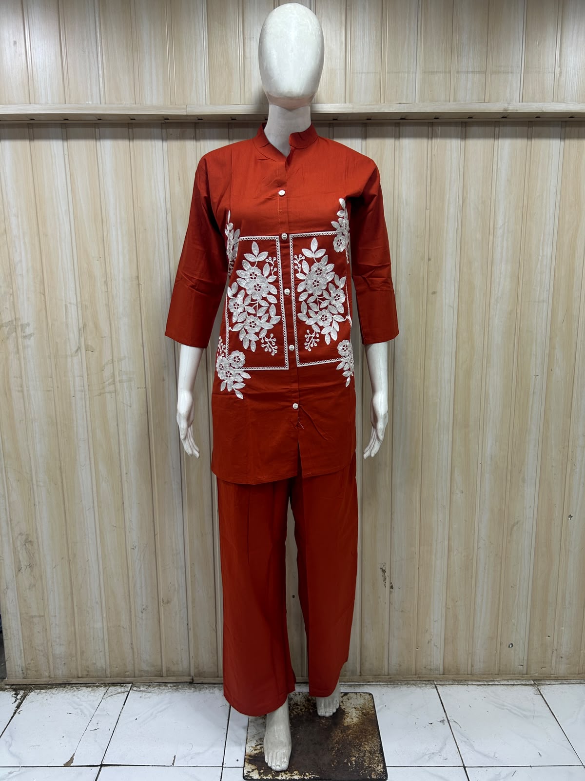 Red Dabu Cotton 2-Piece Co-Ord Set with Hand Work Embroidery
