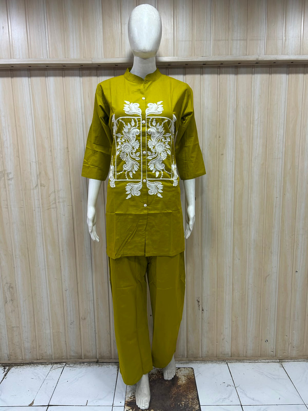Mustard Olive Dabu Cotton 2-Piece Co-Ord Set with Hand Work Embroidery