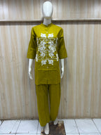 Mustard Olive Dabu Cotton 2-Piece Co-Ord Set with Hand Work Embroidery