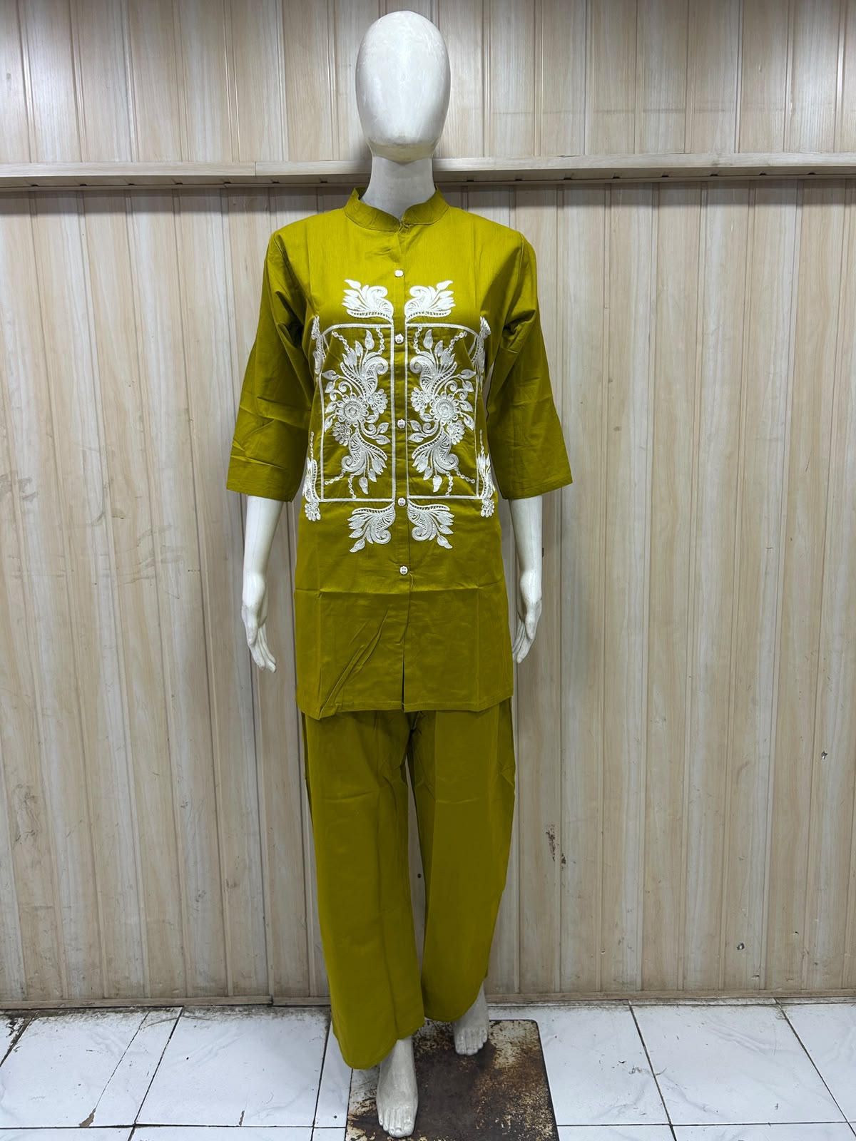 Mustard Olive Dabu Cotton 2-Piece Co-Ord Set with Hand Work Embroidery