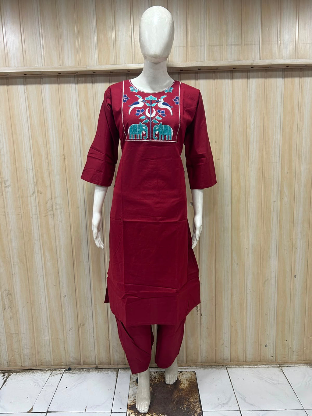 Maroon Dabu Cotton 2-Piece Co-Ord Set with Hand Work Embroidery