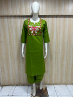 Olive Green Dabu Cotton 2-Piece Co-Ord Set with Hand Work Embroidery