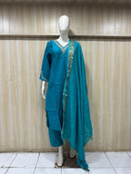 Elegant Teal Blue Vertican 3-Piece Ethnic Suit Set