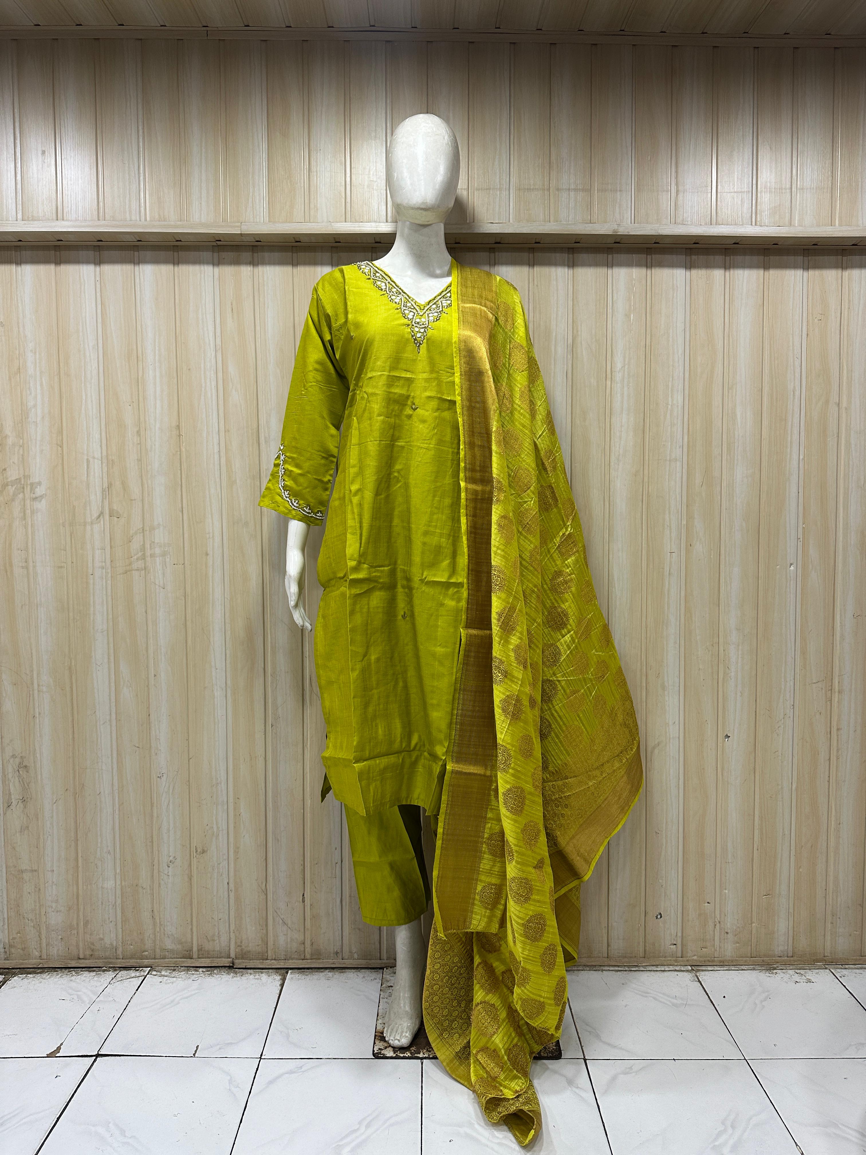 Lime Olive Green Vertican 3-Piece Ethnic Suit Set