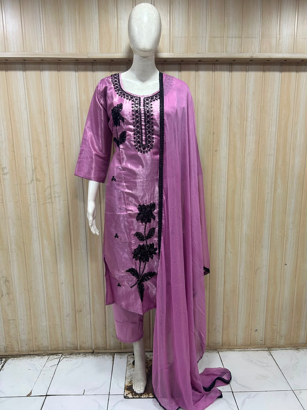 Mauve Pink ROMAN GLASS 3-Piece Stone Work Straight Suit Set