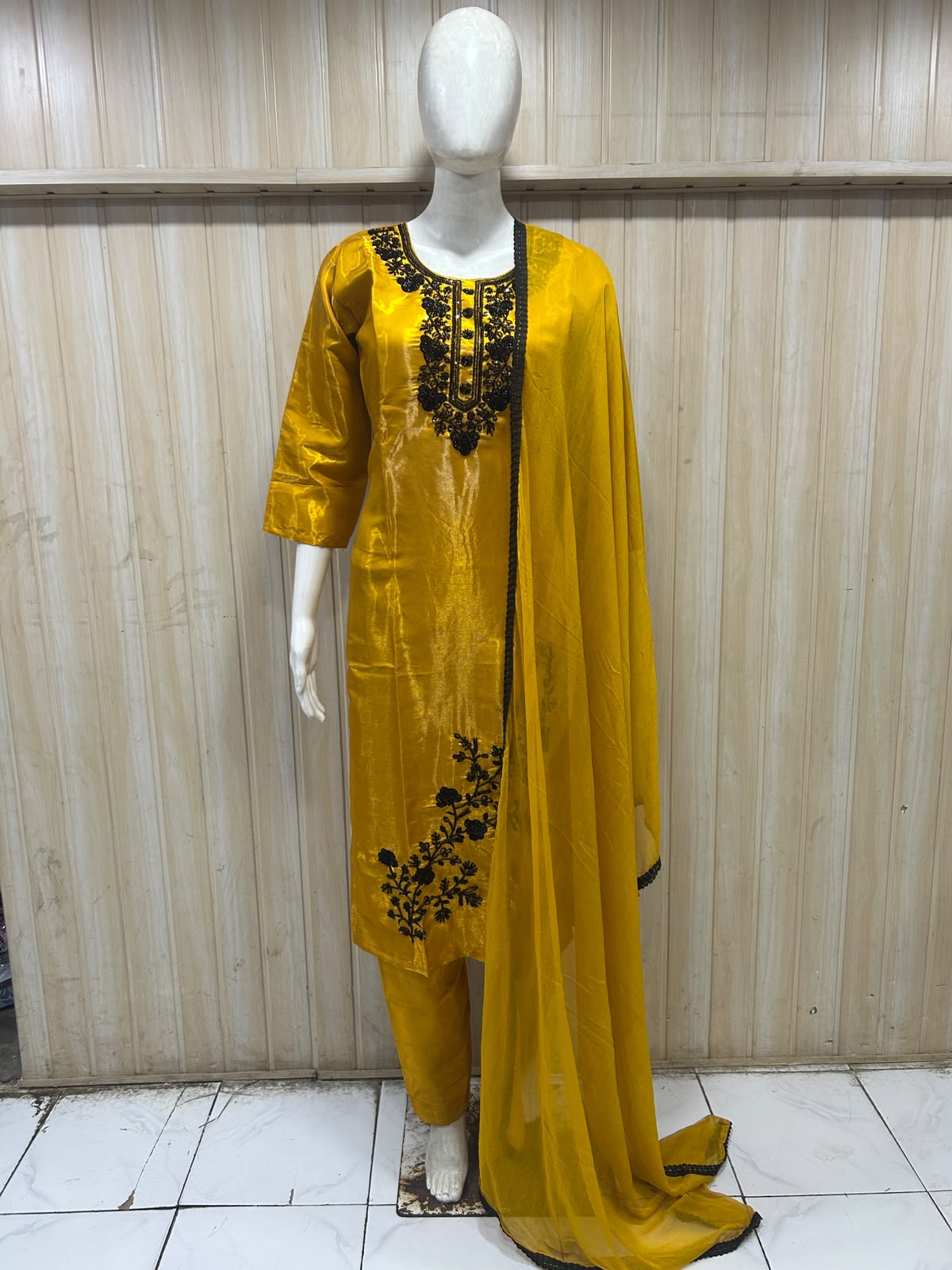 Mustard Yellow ROMAN GLASS 3-Piece Stone Work Straight Suit Set