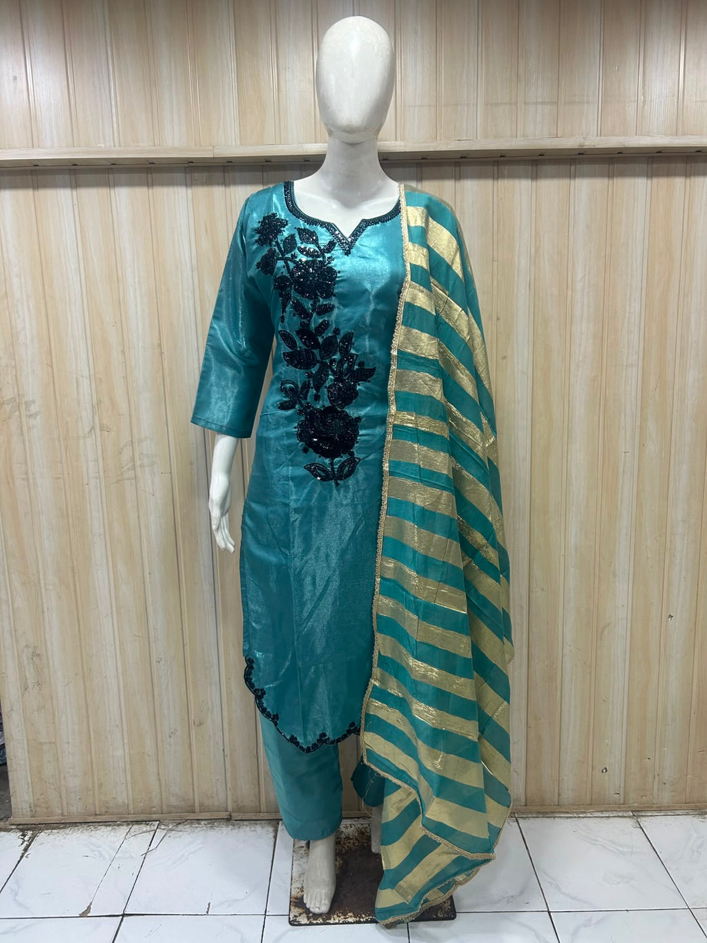 Teal Blue ROMAN GLASS 3-Piece Stone Work Straight Suit Set