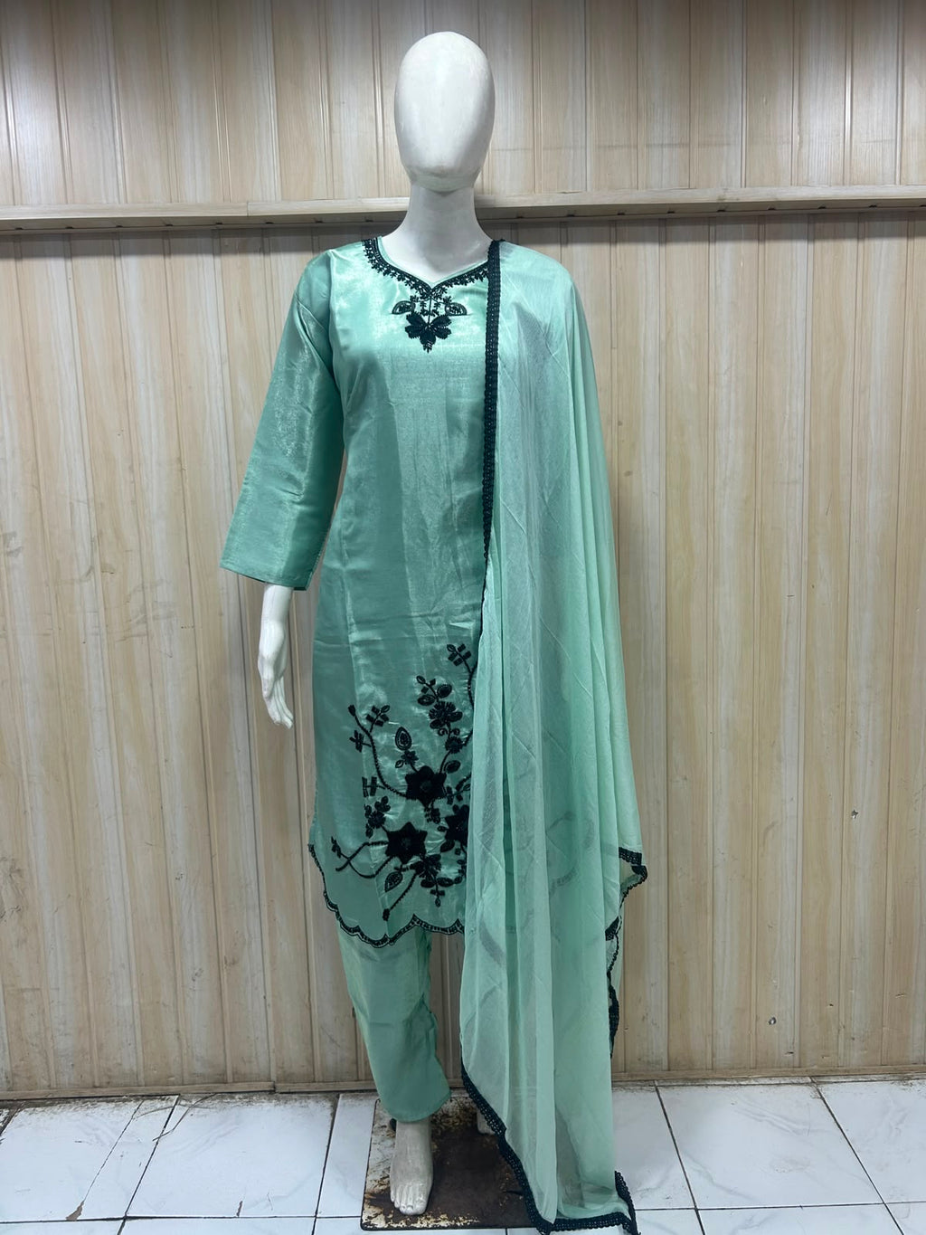 Mint Green ROMAN GLASS 3-Piece Stone Work Straight Suit Set