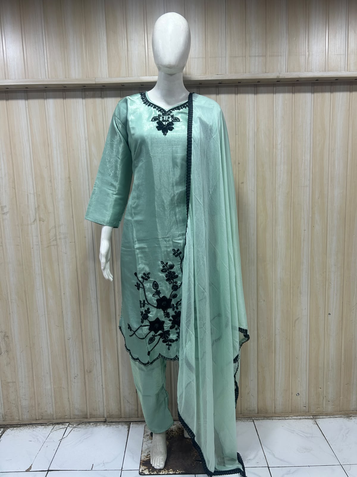 Mint Green ROMAN GLASS 3-Piece Stone Work Straight Suit Set