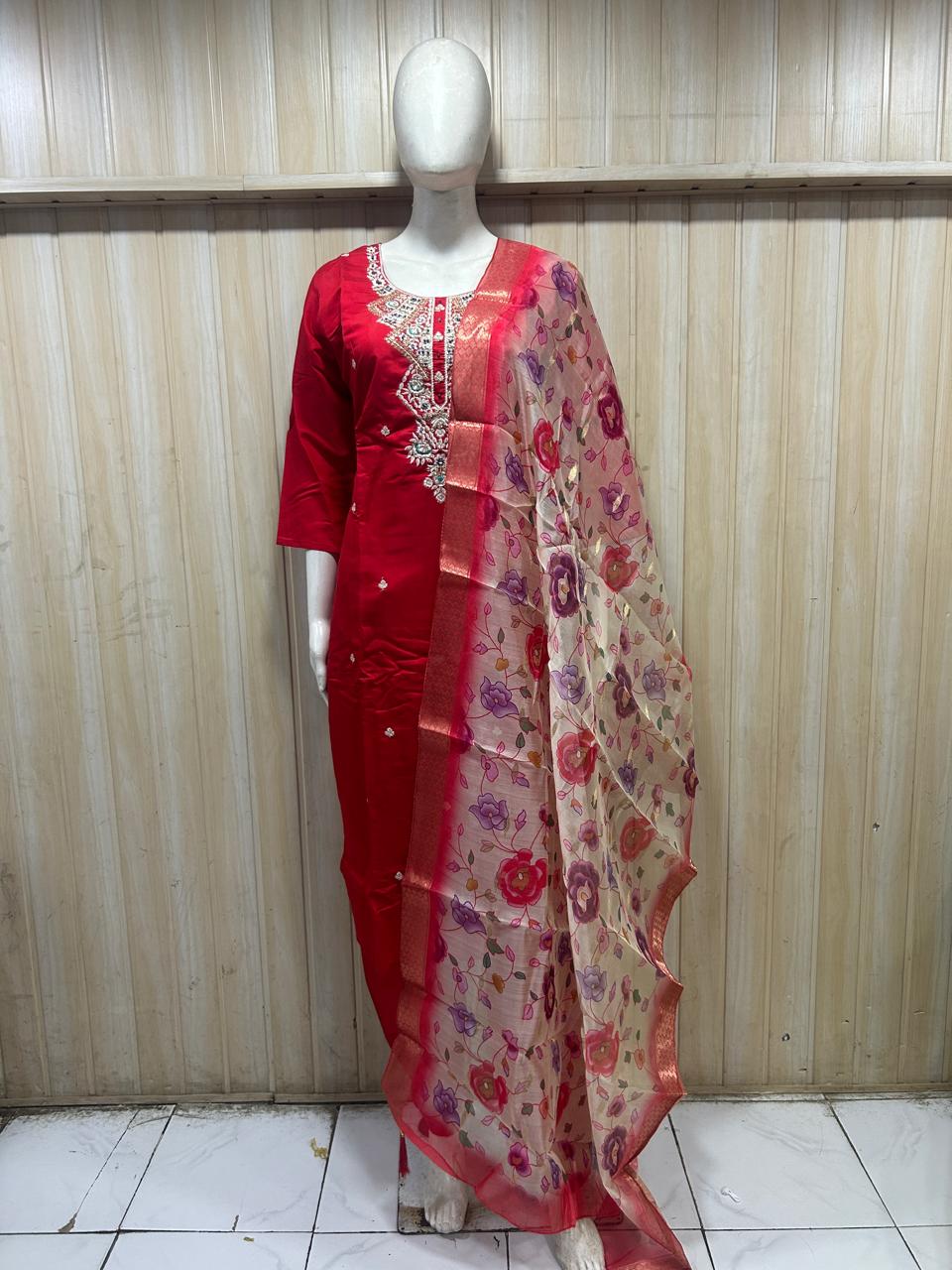 Red Roman Silk Embroidered 3-Piece Ethnic Suit