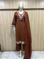 Chocolate Brown Pure Cotton 3-Piece Suit with Floral Embroidered Kurti, Pant & Dupatta