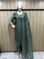 Teal Blue Salsa 3-Piece Suit Set with Palazzo and Dupatta