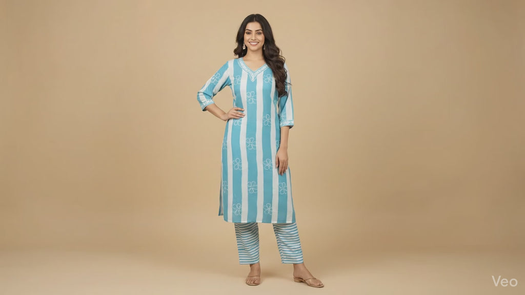 Light Blue V-Neck Kurti Pant 2-Piece Set - Kurtiwala