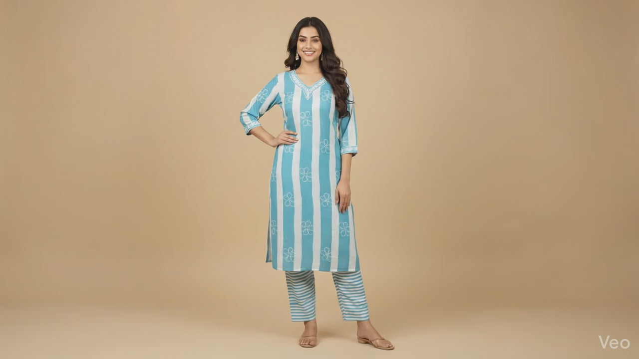 Light Blue V-Neck Kurti Pant 2-Piece Set - Kurtiwala